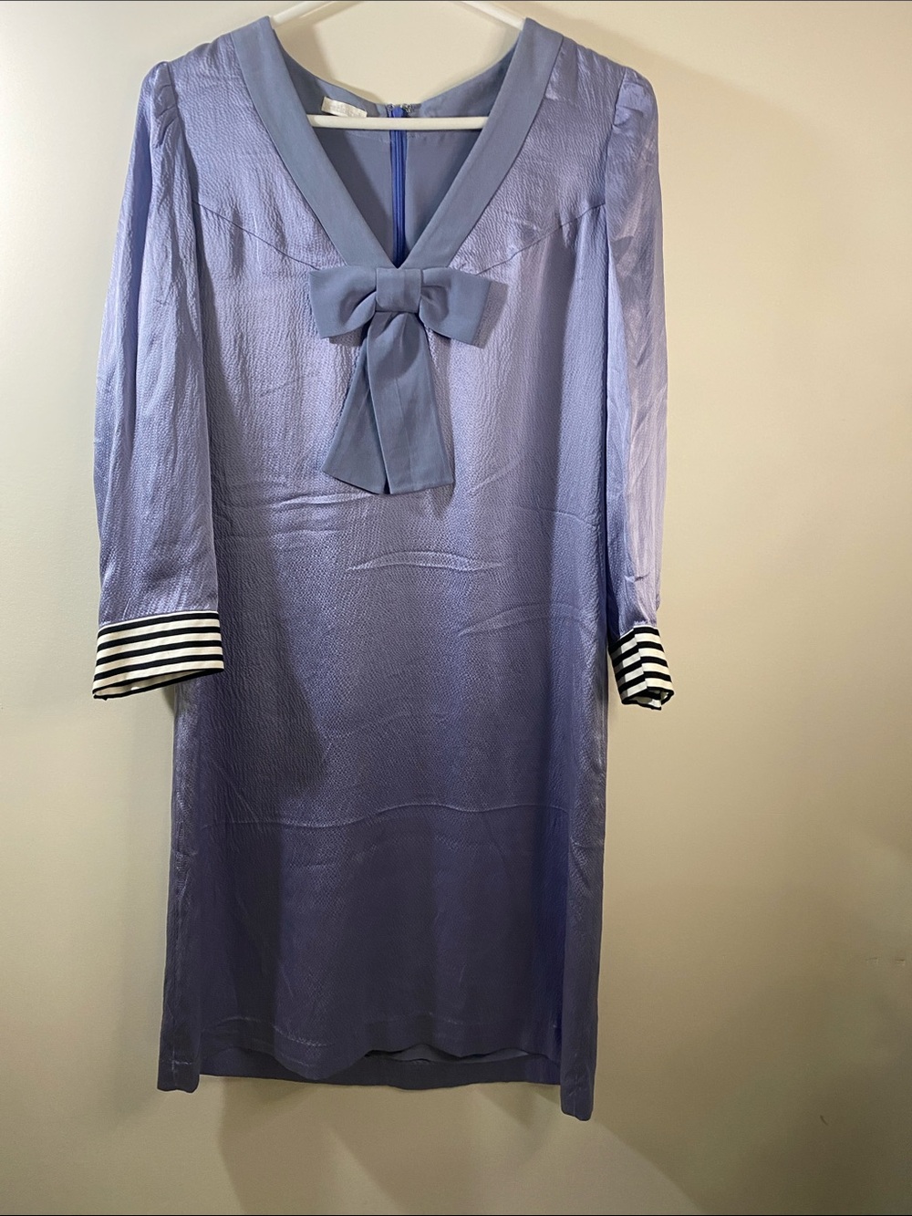 Lilac Bow-Front Mini Dress with Striped Cuff Detail